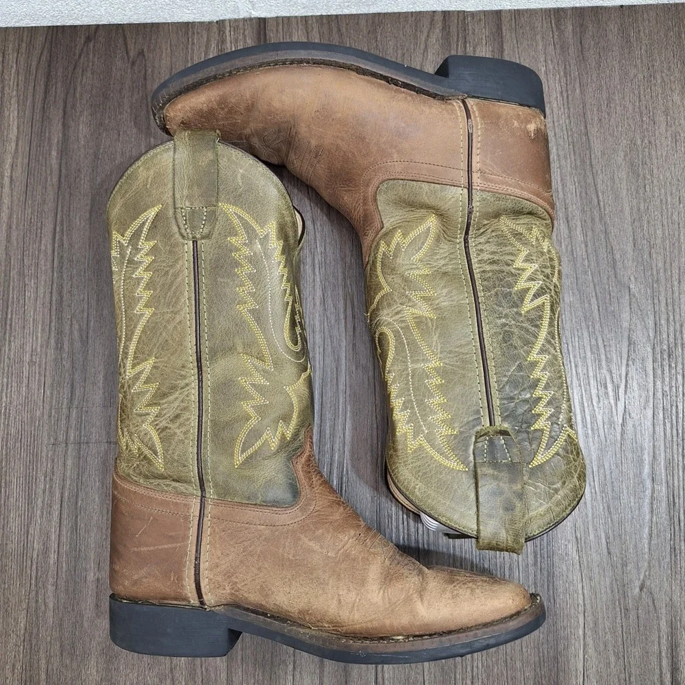 Old West Kids Size 5Y Western Cowboy Boots Tan Olive Green Leather Square Toe